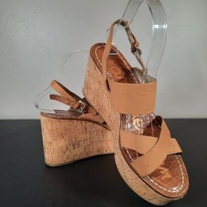 Sam Edelman Sz 8.5 Destiny Brown Leather Women's Cork Wedge Heel Sandals